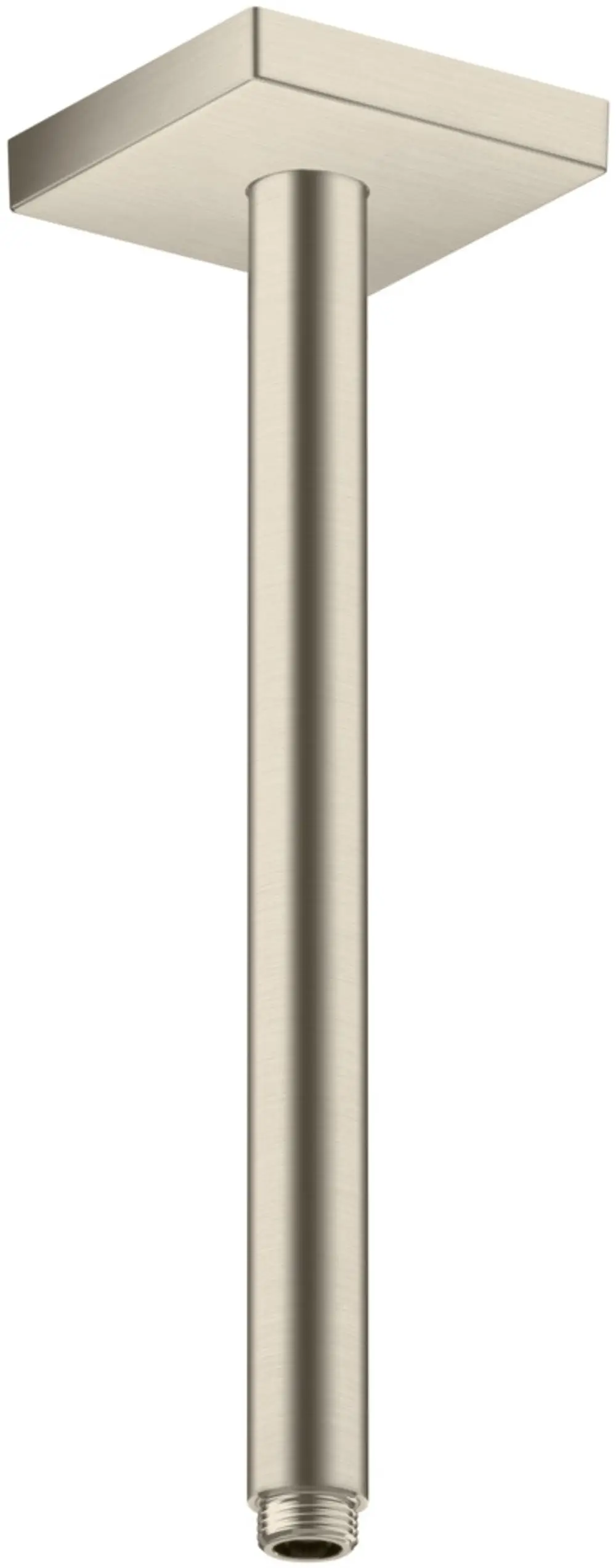 Deckenanschluss von AXOR mit quadratischem Kopf und zylindrischem Rohr in gebürstetem Nickel, geeignet zur Installation von Duschsystemen.